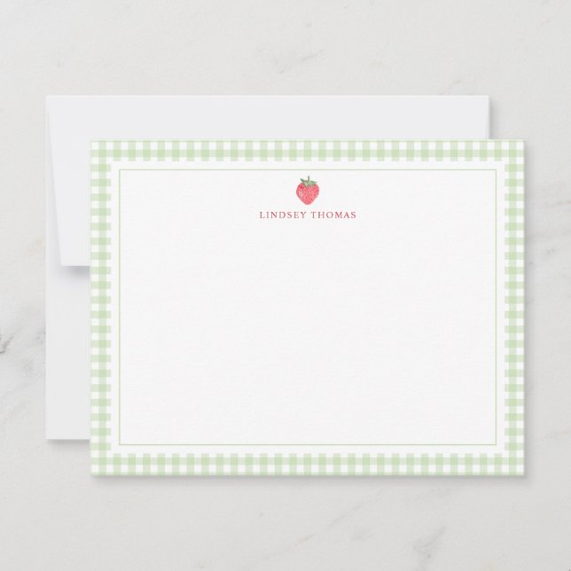 Strawberry Green Gingham Border Personalized Note Card (Front)