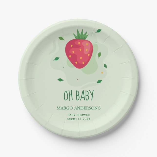 Strawberry Green Red Fruit Baby Shower Paper Plates (Front)