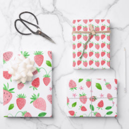 Strawberry Greenery Watercolor Birthday Wrapping Paper Sheets