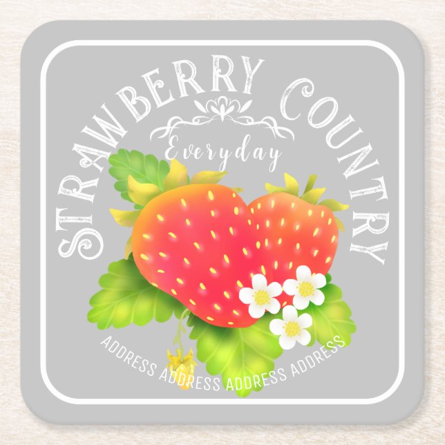 Strawberry Grey Square Paper Coaster (Front)