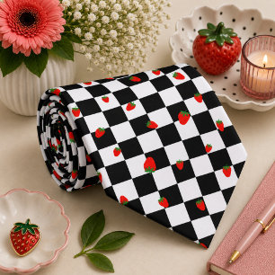 Strawberry Groovy Retro Checkerboard, Y2K 90s Neck Tie