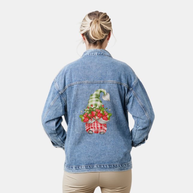 Strawberry Hat Gnome Plaid Fashion Fruit Womens Denim Jacket (Model)