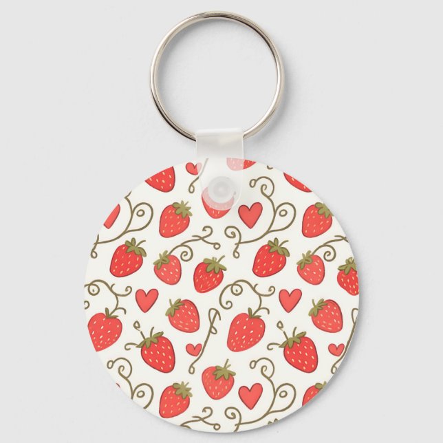 Strawberry Heart Pattern Cute Whimsical Keychain (Front)