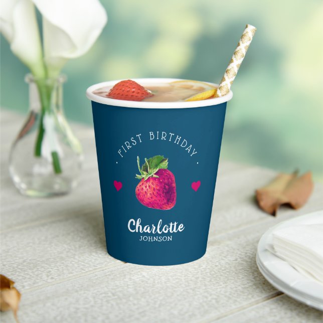 Strawberry Hearts Birthday Girl Blue Green Paper Cups (Insitu)