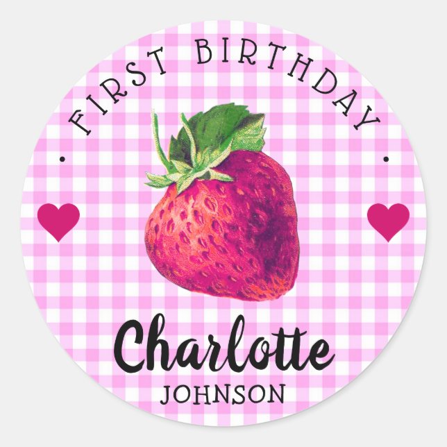 Strawberry Hearts Birthday Girl Pink Checkered Classic Round Sticker (Front)