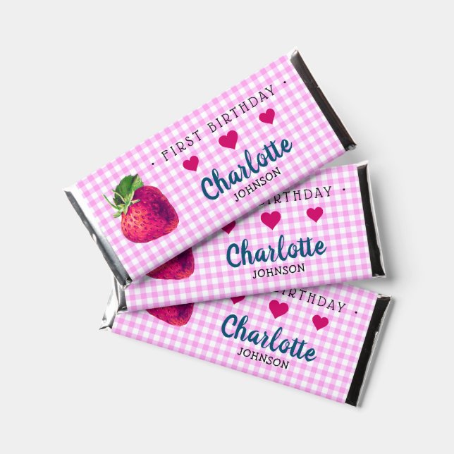 Strawberry Hearts Birthday Girl Pink Checkered Hershey Bar Favors (Front)