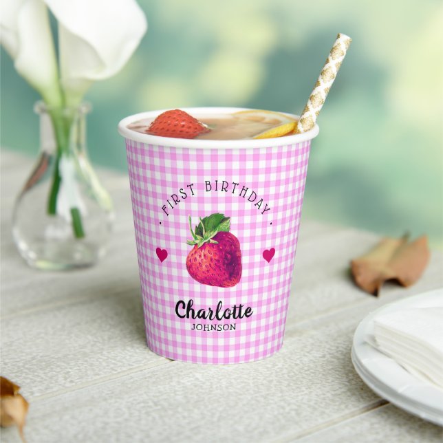 Strawberry Hearts Birthday Girl Pink Checkered Paper Cups (Insitu)