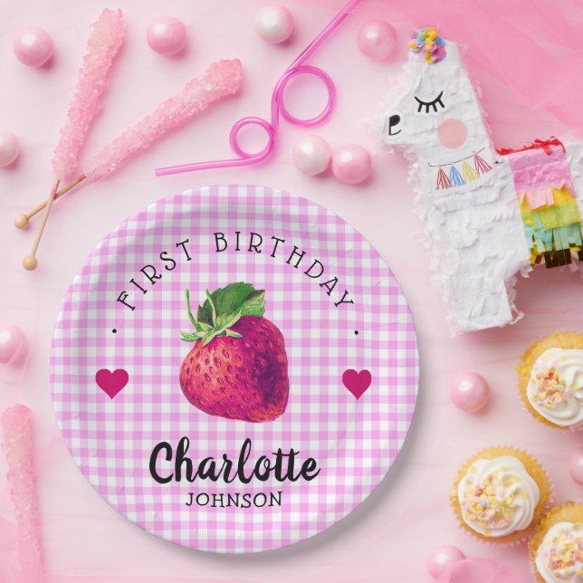 Strawberry Hearts Birthday Girl Pink Checkered Paper Plates (Party)