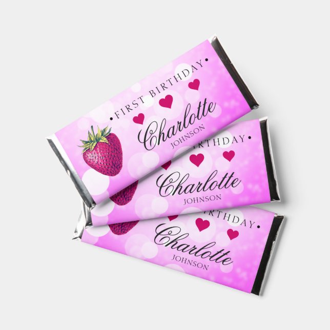Strawberry Hearts Birthday Girl Pink Hershey Bar Favors (Front)