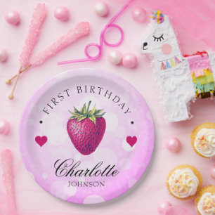 Strawberry Hearts Birthday Girl Pink Paper Plates