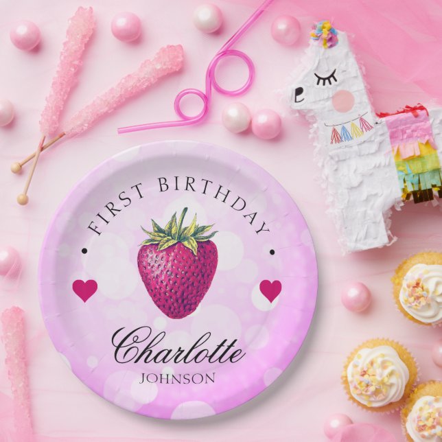  Strawberry Hearts Birthday Girl Pink Paper Plates (Party)