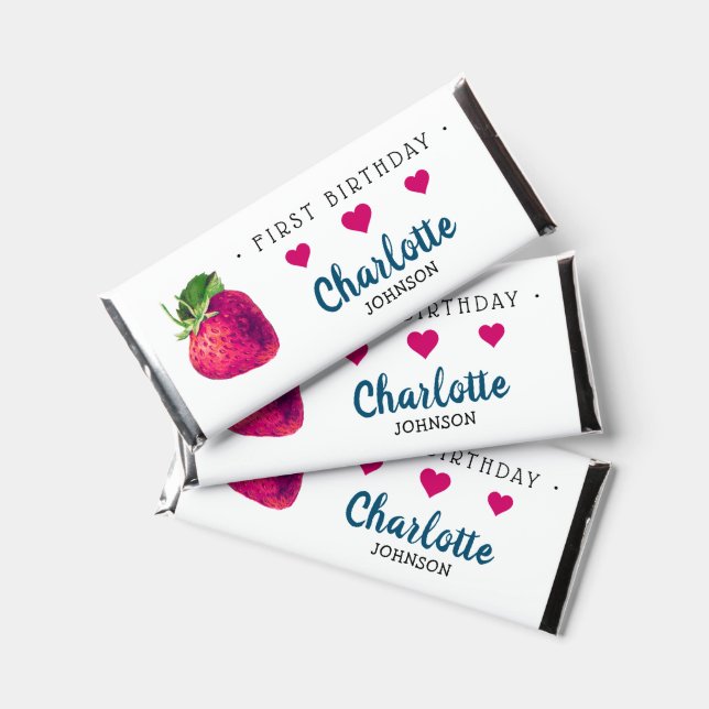 Strawberry Hearts Birthday Girl White Hershey Bar Favors (Front)
