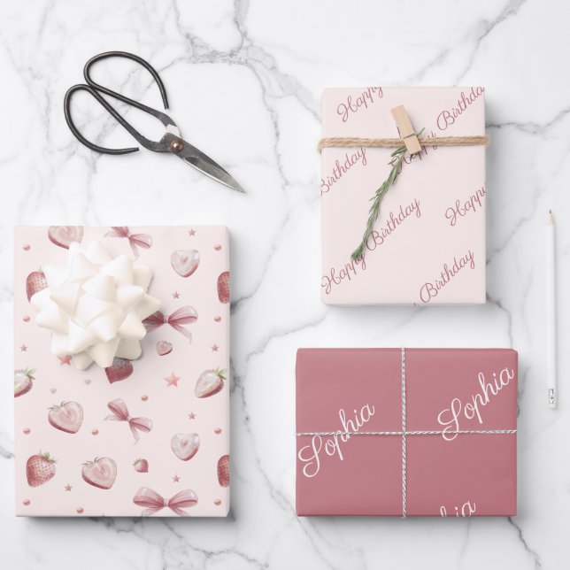 Strawberry Hearts Pink Ribbon Stars Wrapping Paper Sheets (Front)