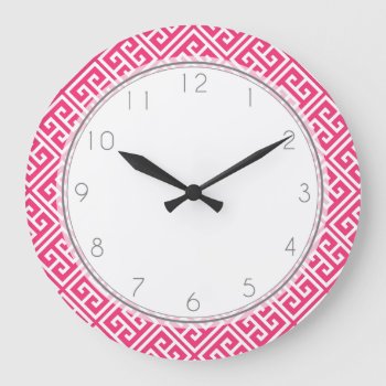 Strawberry Hot Pink Greek Key Pattern Large Clock by heartlockedhome at Zazzle