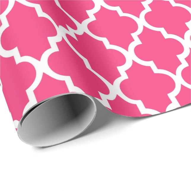 Strawberry Hot Pink Quatrefoil Tiles Pattern Wrapping Paper (Roll Corner)