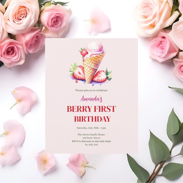 Strawberry ice 1st birthday berry first invitation (Creator Uploaded)