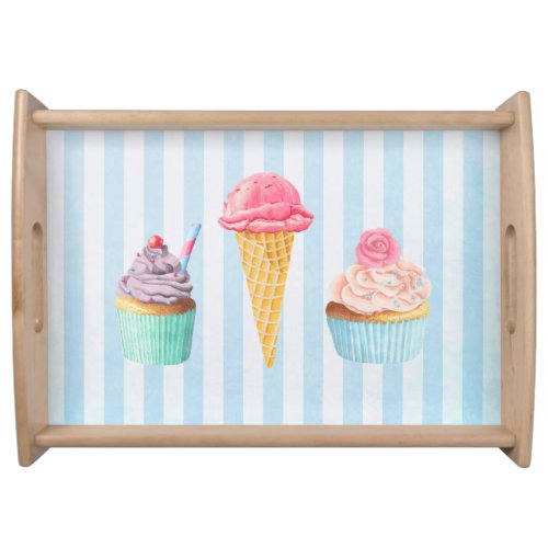 Strawberry Ice Cream And Cupcakes on Blue Stripes Serving Tray