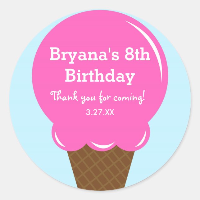 Strawberry Ice Cream Birthday Party Favor Stickers (Front)