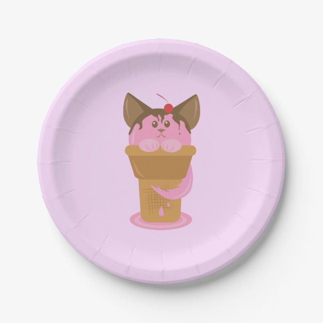 Strawberry Ice Cream Cat Paper Plates (Front)