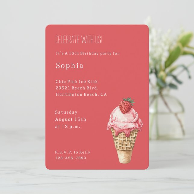 Strawberry Ice Cream Cone Birthday Invitation (Standing Front)