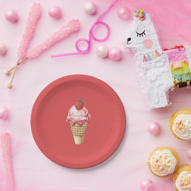 Strawberry Ice Cream Cone Birthday Paper Plates (Party)
