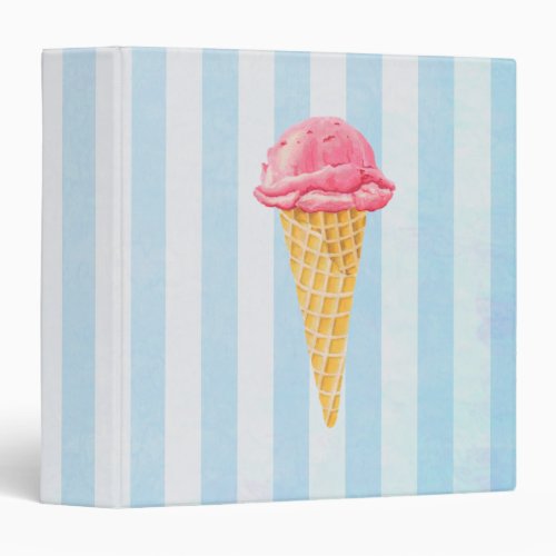 Strawberry Ice Cream Cone On Blue Stripes Binder