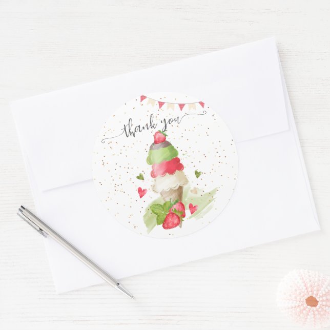 Strawberry ice cream cone "thank you" classic round sticker (Envelope)