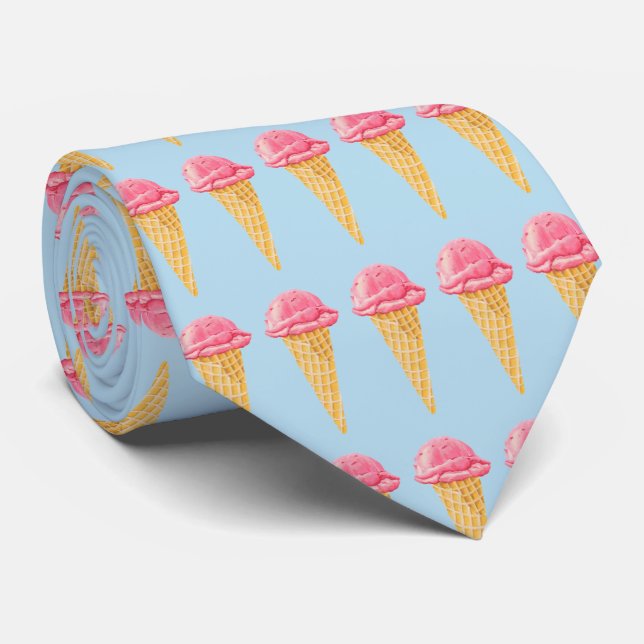 Strawberry Ice Cream Cone Tiled Pattern Neck Tie (Rolled)