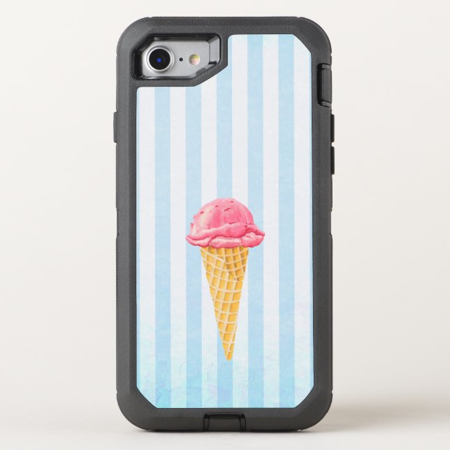 Strawberry Ice Cream Cone With Blue Stripes Otterbox iPhone Case (Back)