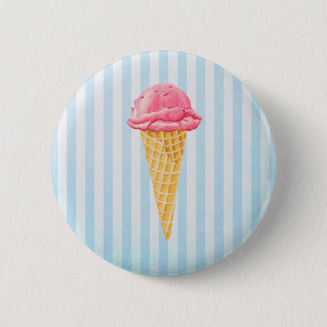 Strawberry Ice Cream Cone With Blue Stripes Pinback Button (Front)