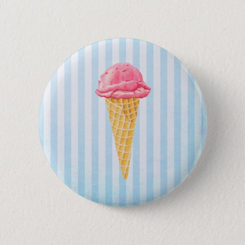 Strawberry Ice Cream Cone With Blue Stripes Pinback Button