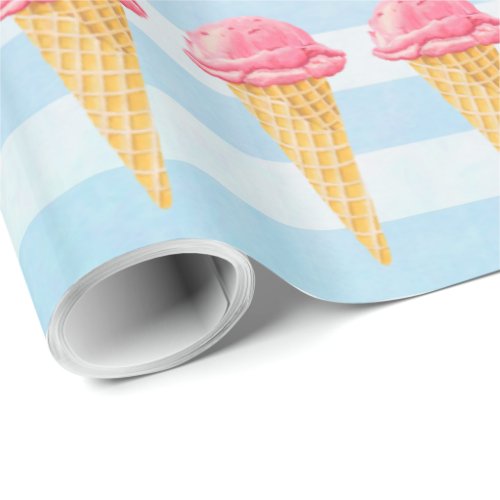 Strawberry Ice Cream Cone With Blue Stripes Wrapping Paper