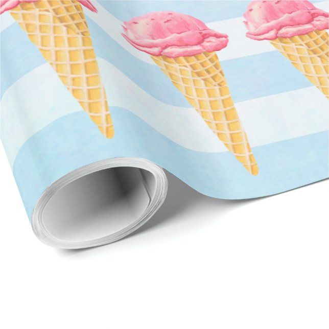 Strawberry Ice Cream Cone With Blue Stripes Wrapping Paper (Roll Corner)