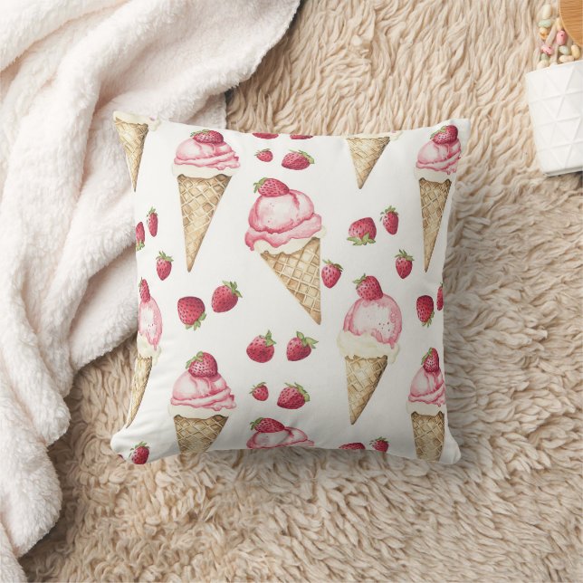 Strawberry Ice Cream Cones Throw Pillow (Blanket)