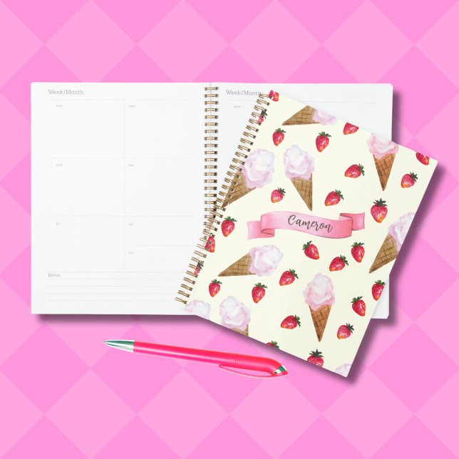 Strawberry Ice Cream Cute Personalized Hand-Drawn Planner (This girly personalized ice cream planner makes it a pleasure to get organized!)