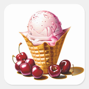 Strawberry Ice Cream in Cone with Cherries  Square Sticker