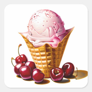 Strawberry Ice Cream in Cone with Cherries Square Sticker