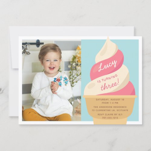 Strawberry Ice Cream Kids Birthday Party Photo Invitation