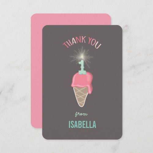 Strawberry Ice Cream Sparkler Girls 1st Birthday Thank You Card