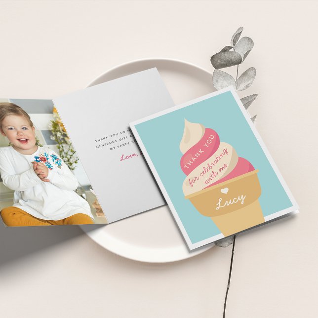 Strawberry Ice Cream Swirl Kids Birthday Thank You Card (Creator Uploaded)