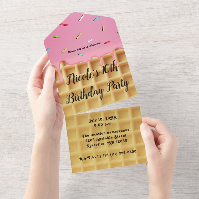 Strawberry Ice Cream Waffle Cone Birthday All In One Invitation (Tearaway)