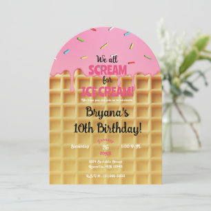 Strawberry Ice Cream Waffle Cone Birthday Invitation