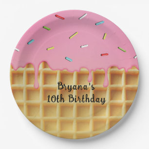 Strawberry Ice Cream Waffle Cone Birthday Paper Plates