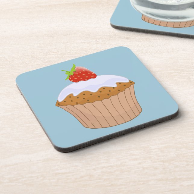 Strawberry Iced Bun Cute Blue Beverage Coaster (Left Side)