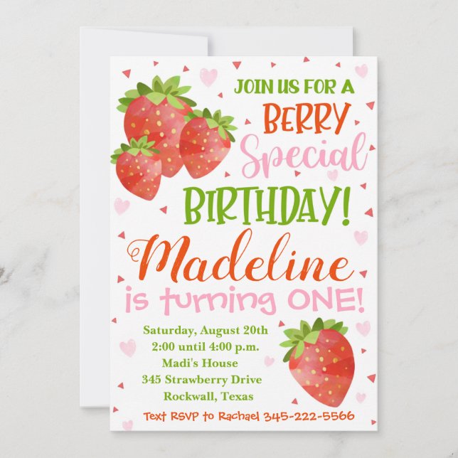 Strawberry Invitation Berry Birthday Invite (Front)