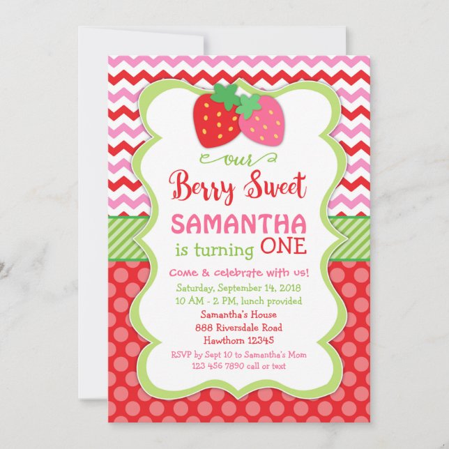 strawberry invitation, strawberry birthday invite (Front)