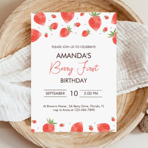 Strawberry Invite Berry First Birthday Invitation