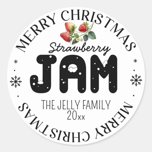 Strawberry Jam Holiday Christmas Jar Lid Black Classic Round Sticker (Front)