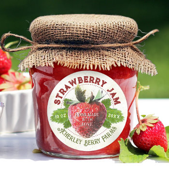 Strawberry Jam Jar Fruit Preserves Personalized Classic Round Sticker by FancyCelebration at Zazzle