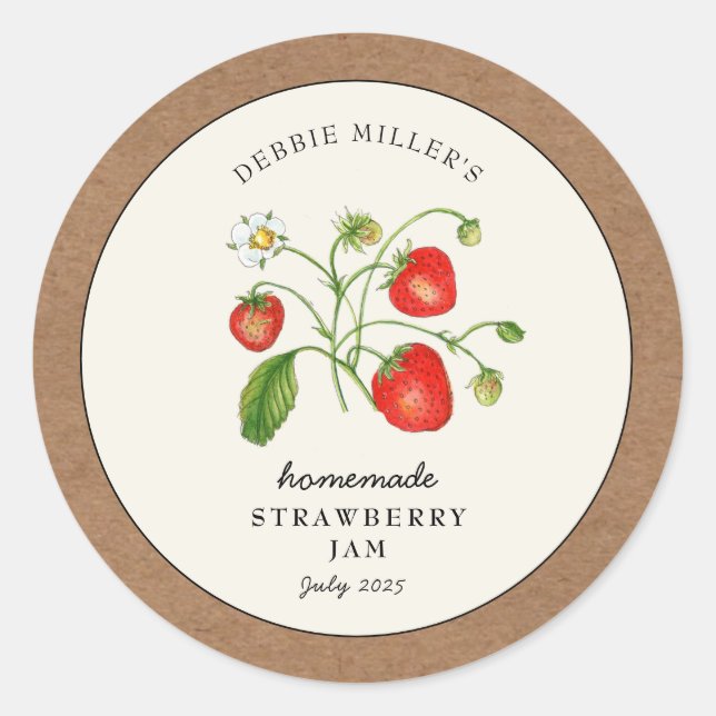 Strawberry Jam Jar Kraft paper border Classic Round Sticker (Front)